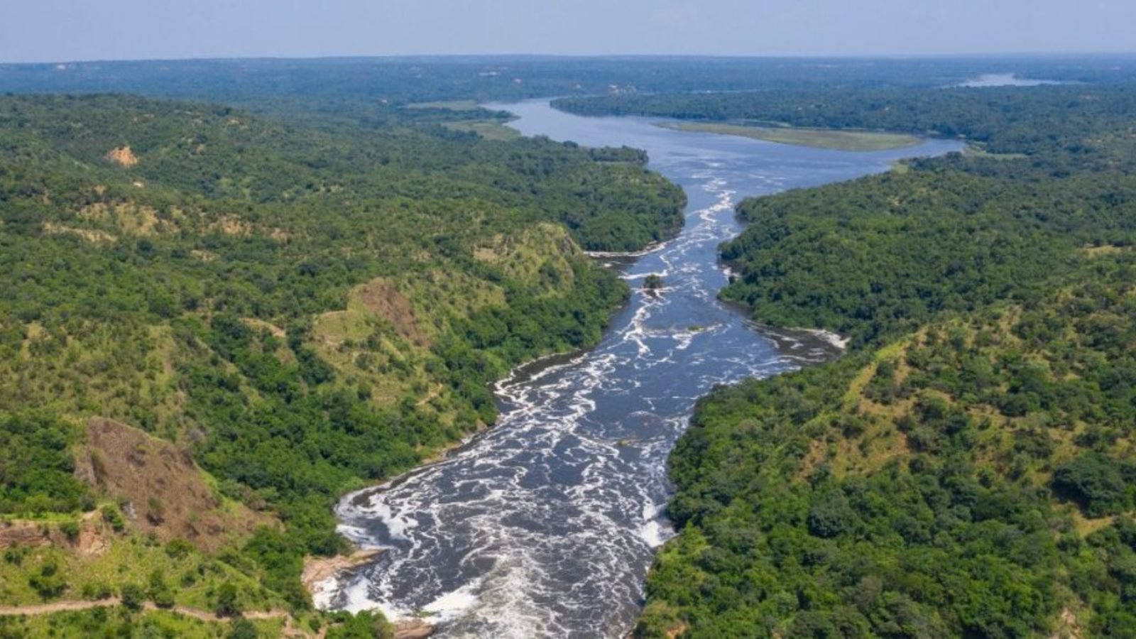 Aerial view of the Nile winding through Murchison Falls
